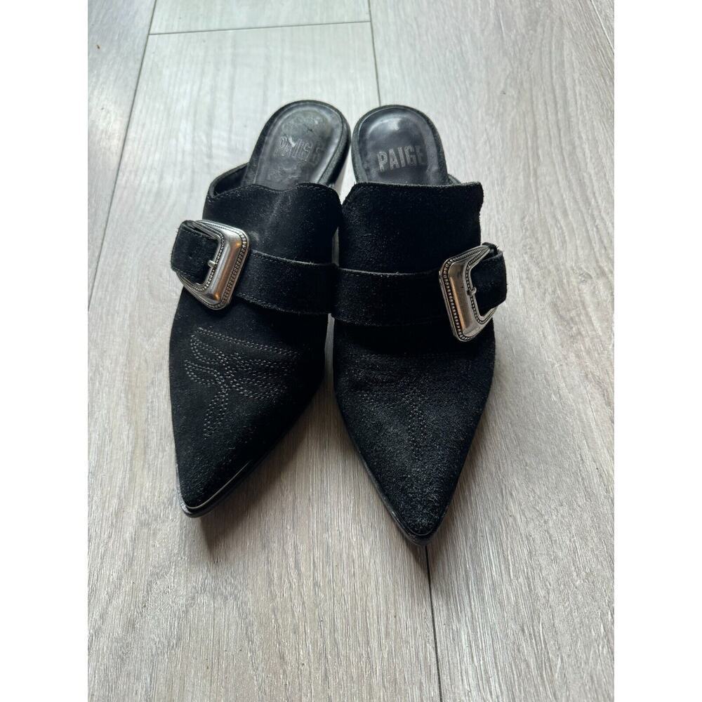 Paige Womens Size 6 Black Suede Western Buckle Bohemian Kensington Mules Heels - Picture 2 of 10